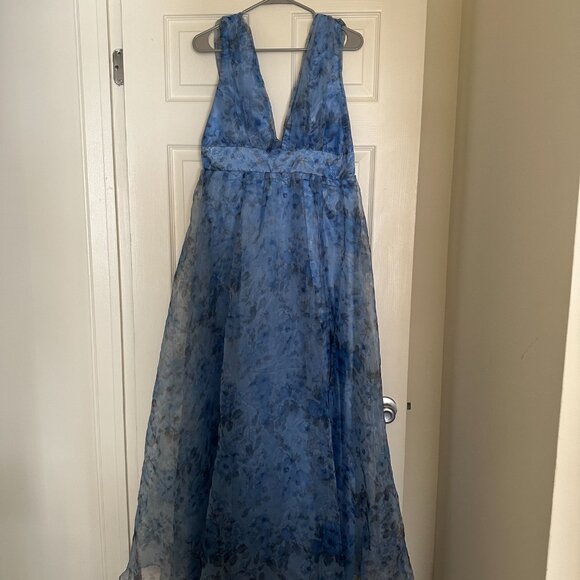 NWT L Garden of Passion Blue Floral Print Organza Maxi Dress - Picture 2 of 4